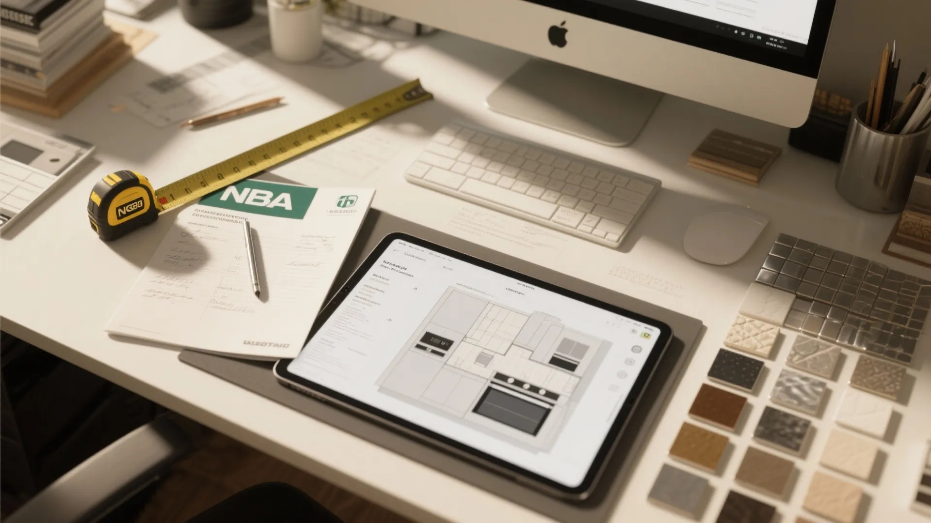 Work desk with computer keyboard tablet showing floor plan design notebook tape measure and material tiles