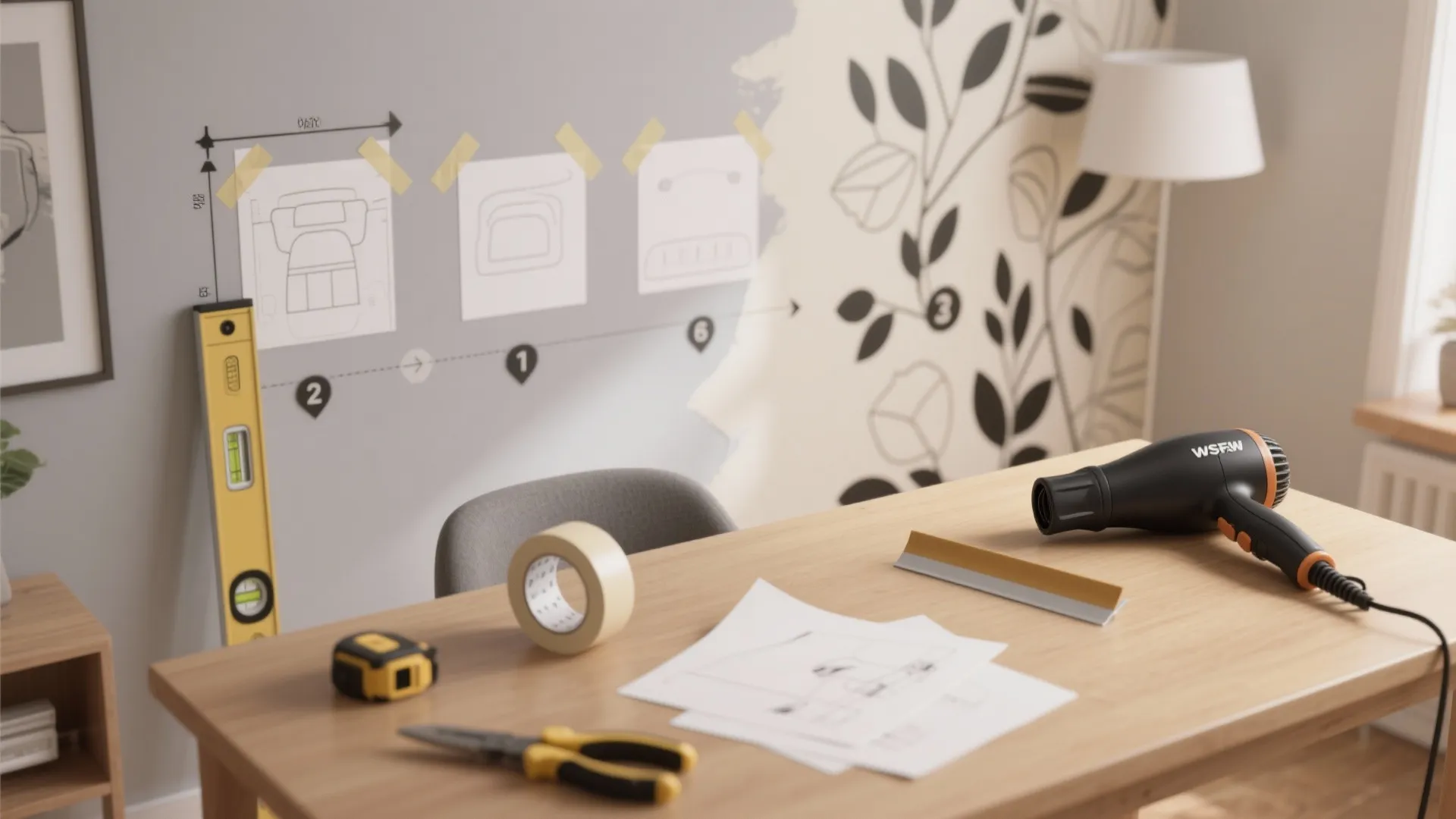 Wooden table with home renovation tools near a wall showing step by step design instructions