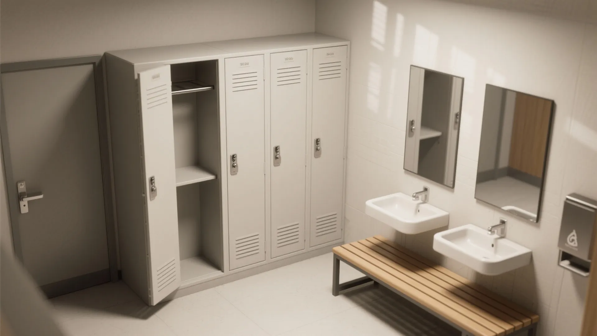 Locker room interior design drawing with grey metal lockers white sinks mirrors and wooden bench