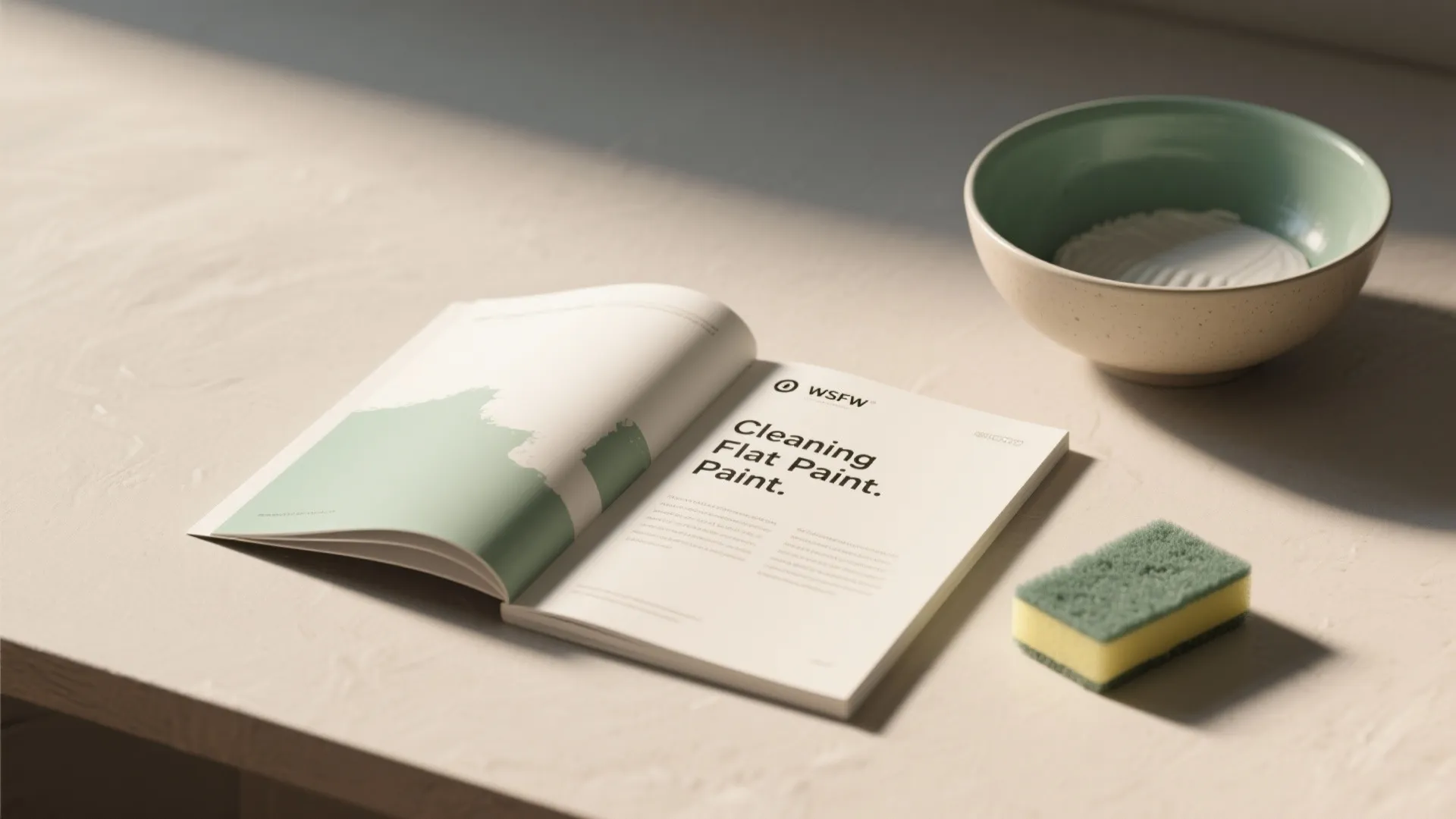 Open guidebook about cleaning flat paint next to a green sponge and a small bowl