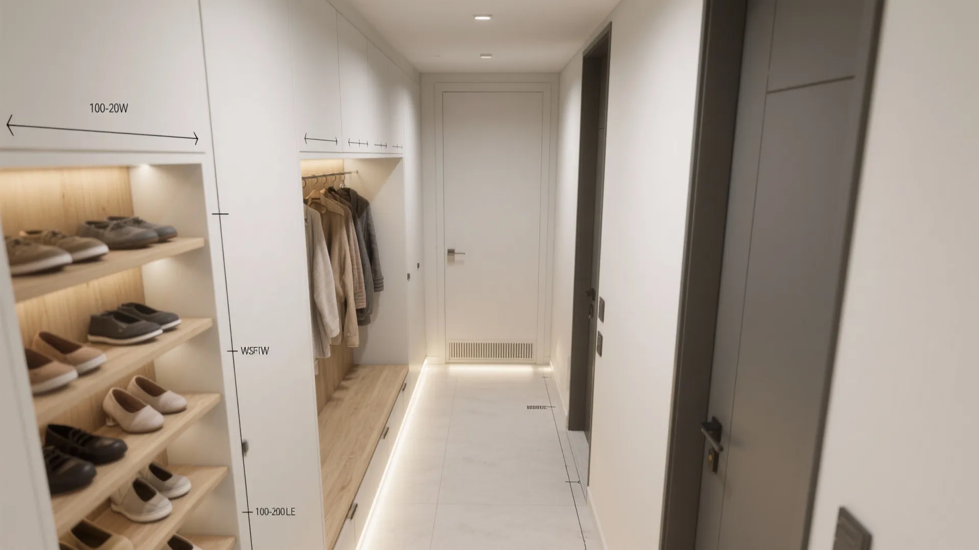 Modern white hallway interior design drawing with shoe storage clothes rack lighting and dimension labels included