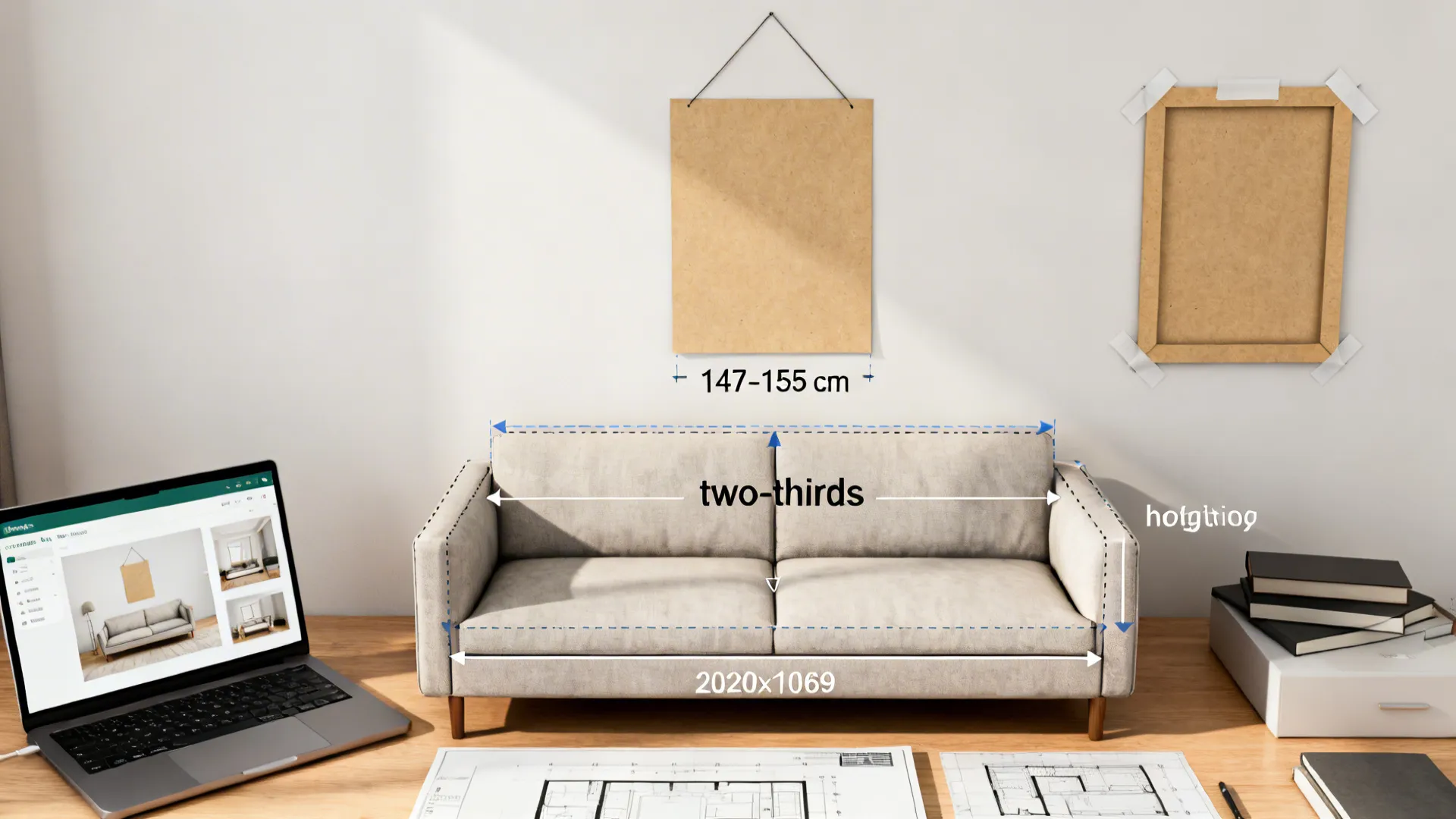 Top-down instructional layout showing two-thirds sofa width guideline and hanging height measurements with a room planner mockup.