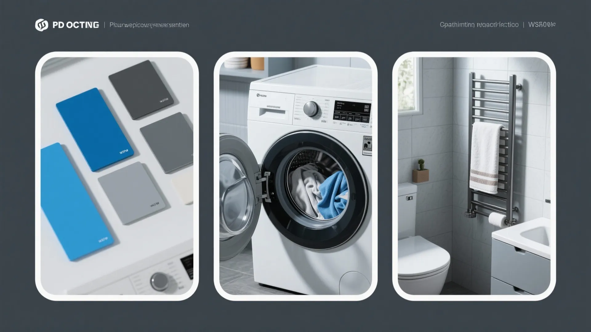Graphic showing blue wall panels and washing machine next to a wall light towel rack