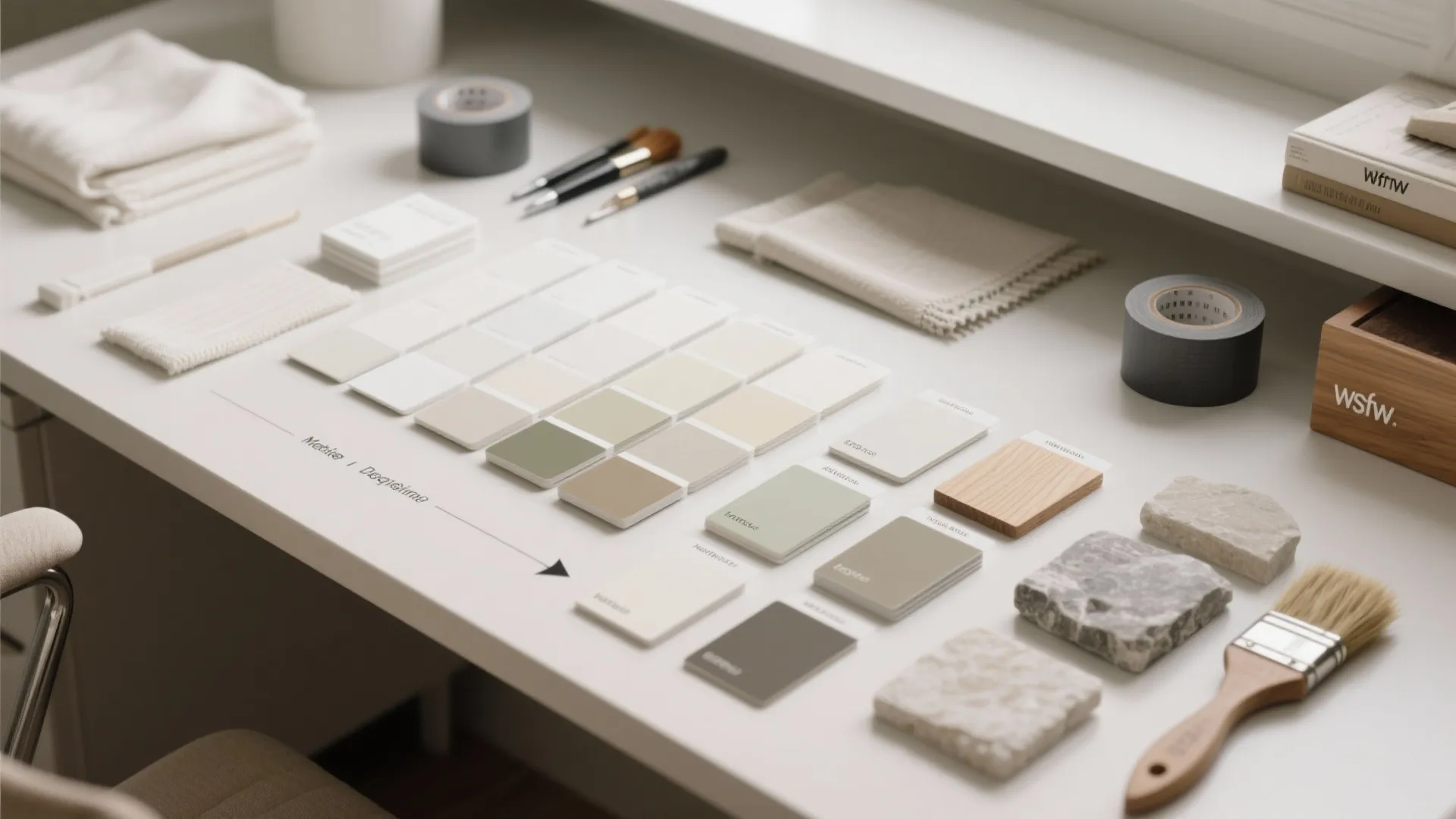 Interior design materials including color cards stones brushes and fabric samples arranged on a white desk