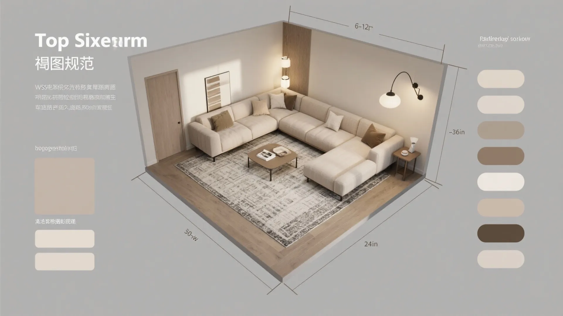 Interior design drawing with large corner sofa coffee table and color palette showing room size dimensions