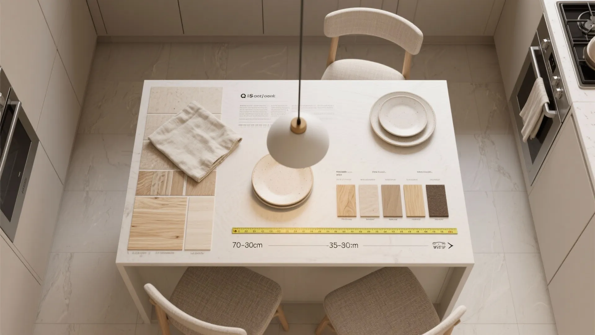 Modern kitchen table with wood samples measuring tape white plates ceiling light and chair set