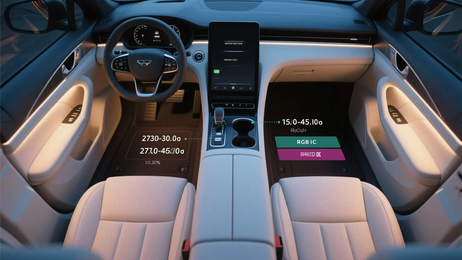Interior design drawing of modern car cabin with white seats and digital light data labels