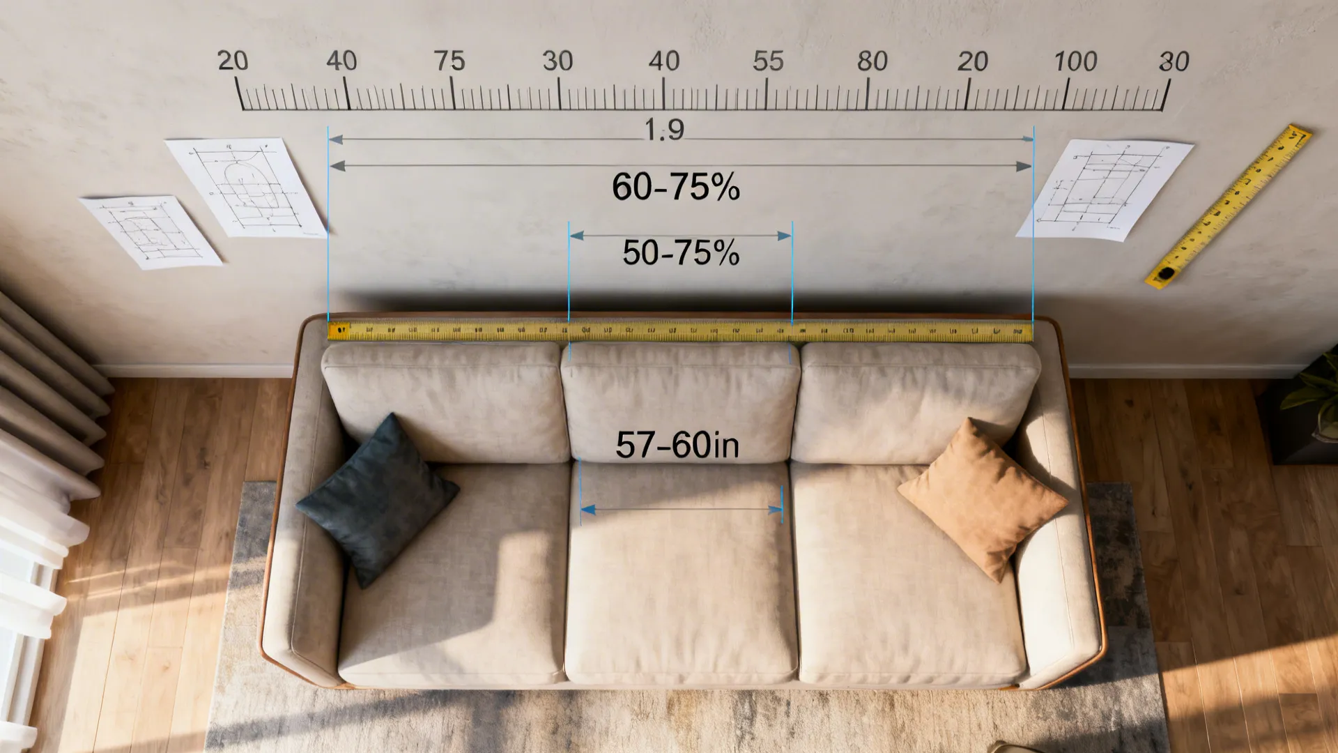 Top-down view of templates and measurements showing artwork scale and hanging height guidelines above a sofa