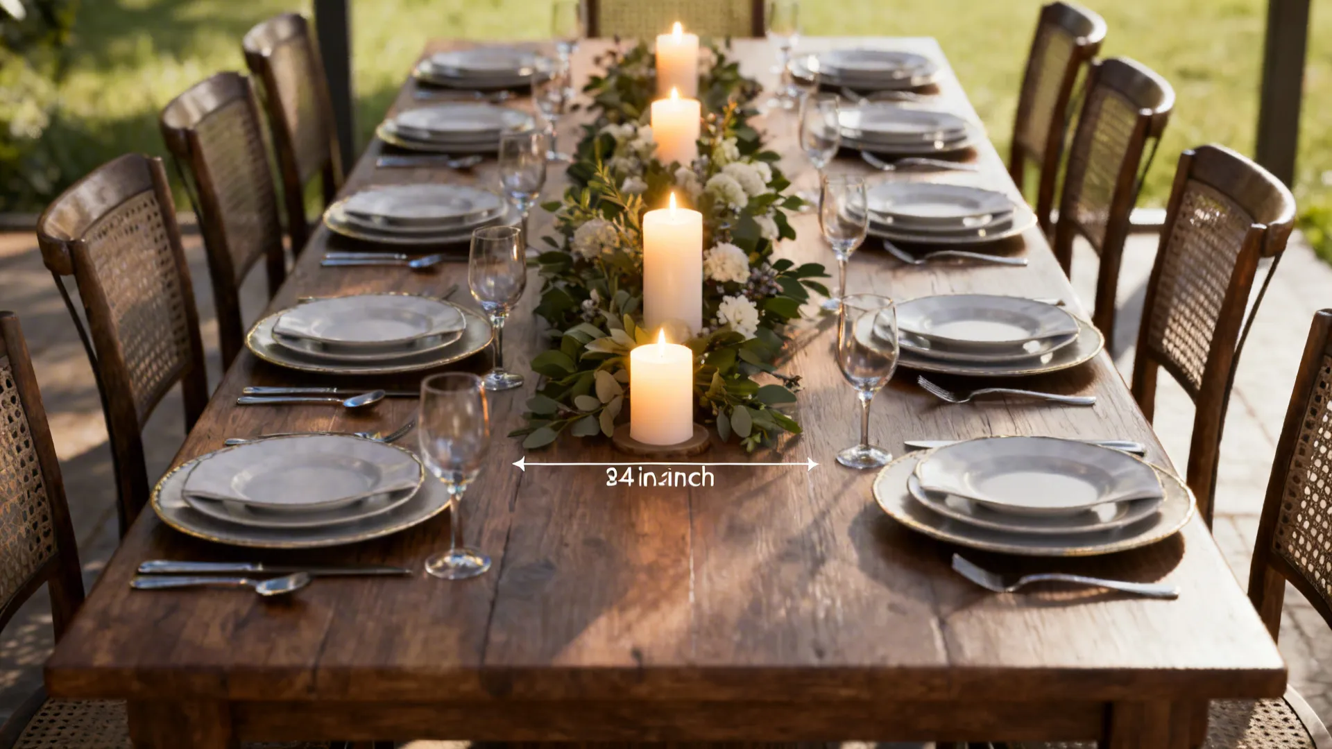 Long wooden dining table featuring white candles, plates, glasses, and a twenty four inch label