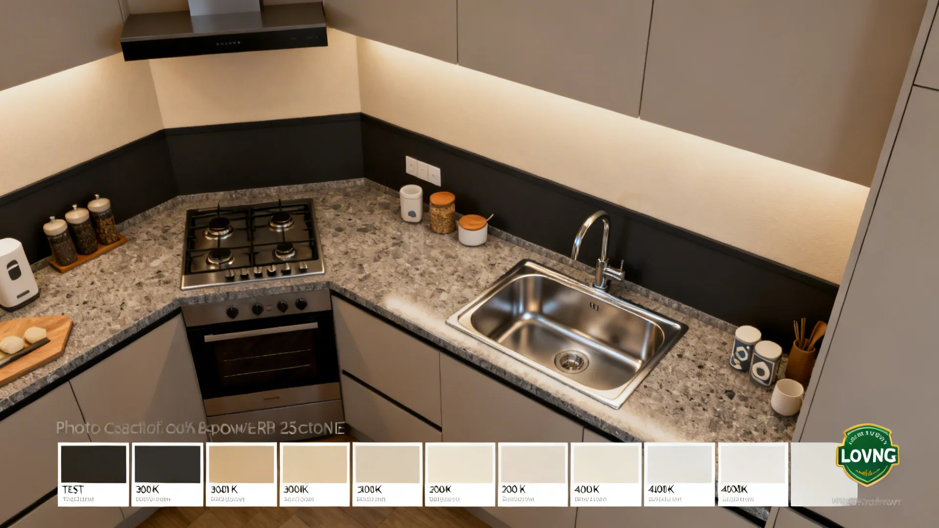 Top-down guide showing accent coverage, finish zones, and lighting tests for kitchen colors.
