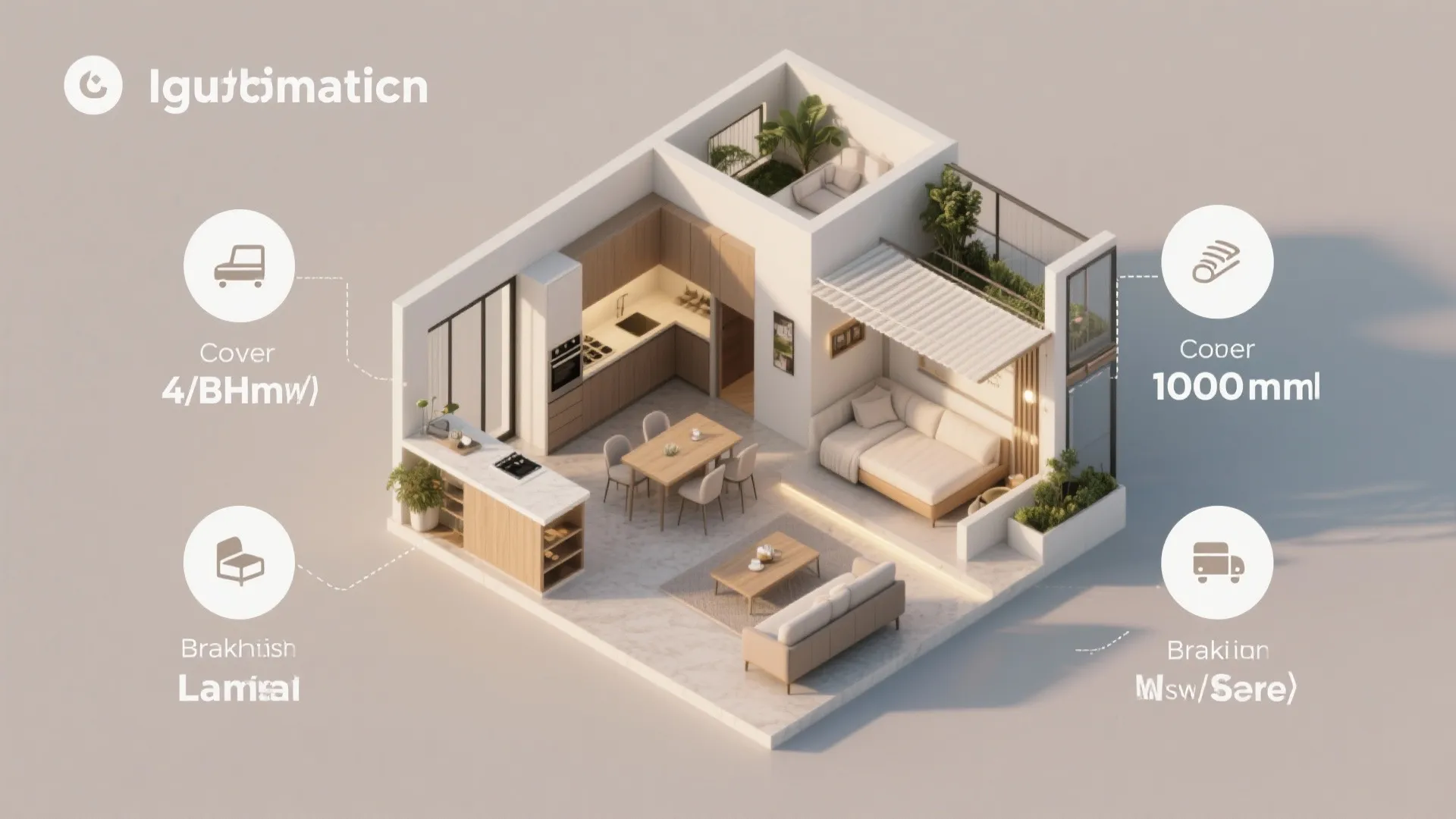 Interior design drawing showing a three-dimensional room layout with kitchen living room and small outdoor balcony