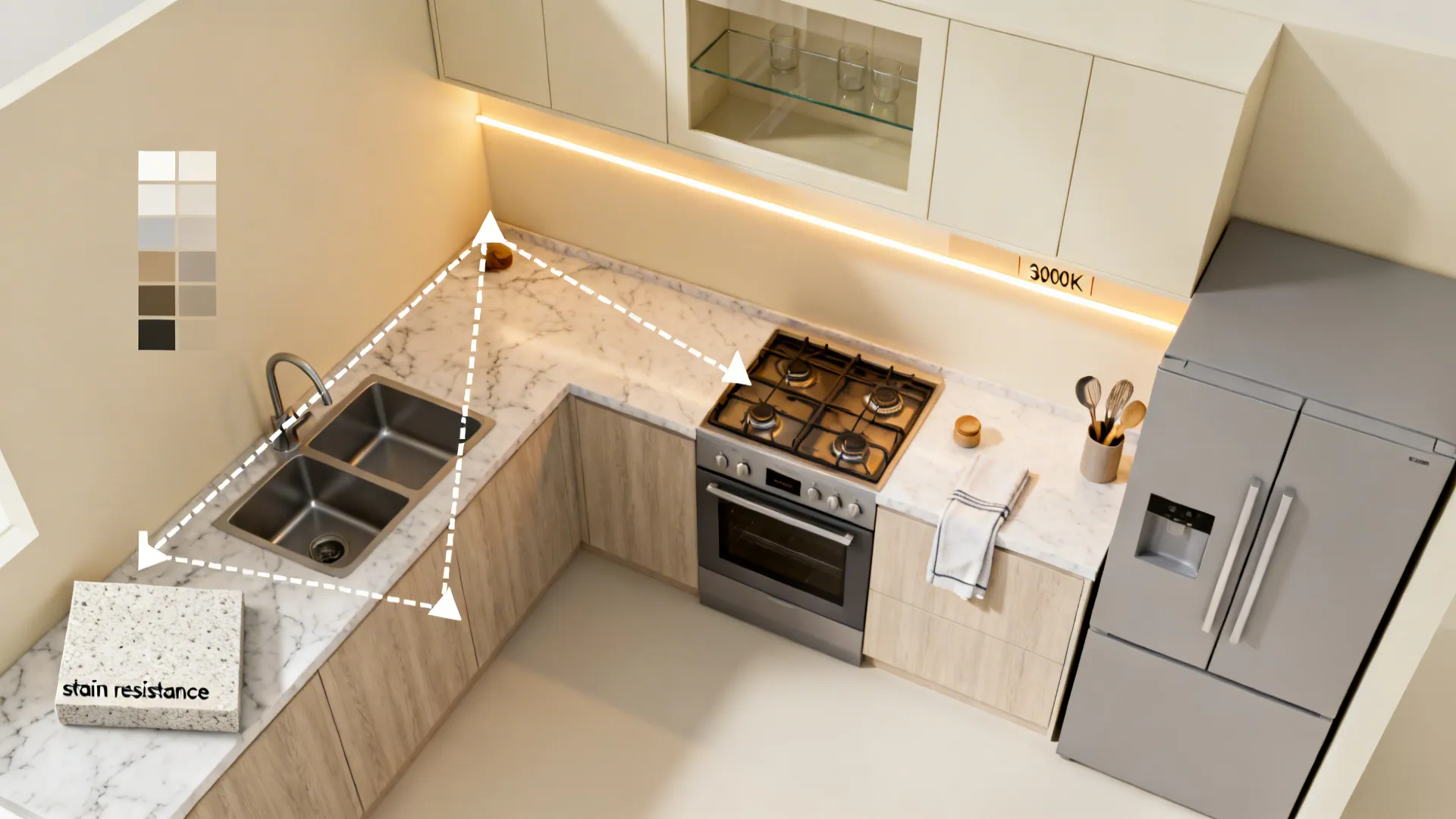 Top-down visual showing small kitchen work triangle, light palette, quartz, tall cabinets, and LED placement.