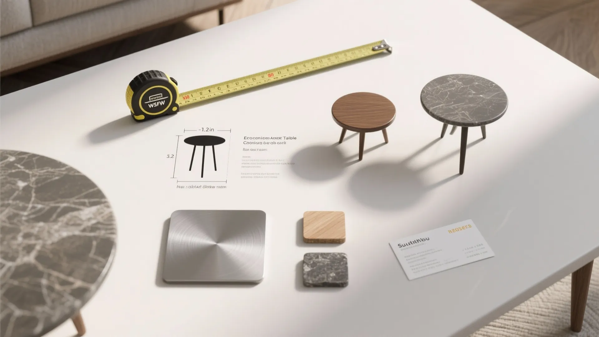 Flatlay of ergonomic guides, tape measure, table silhouette samples and material chips for choosing small accent tables.