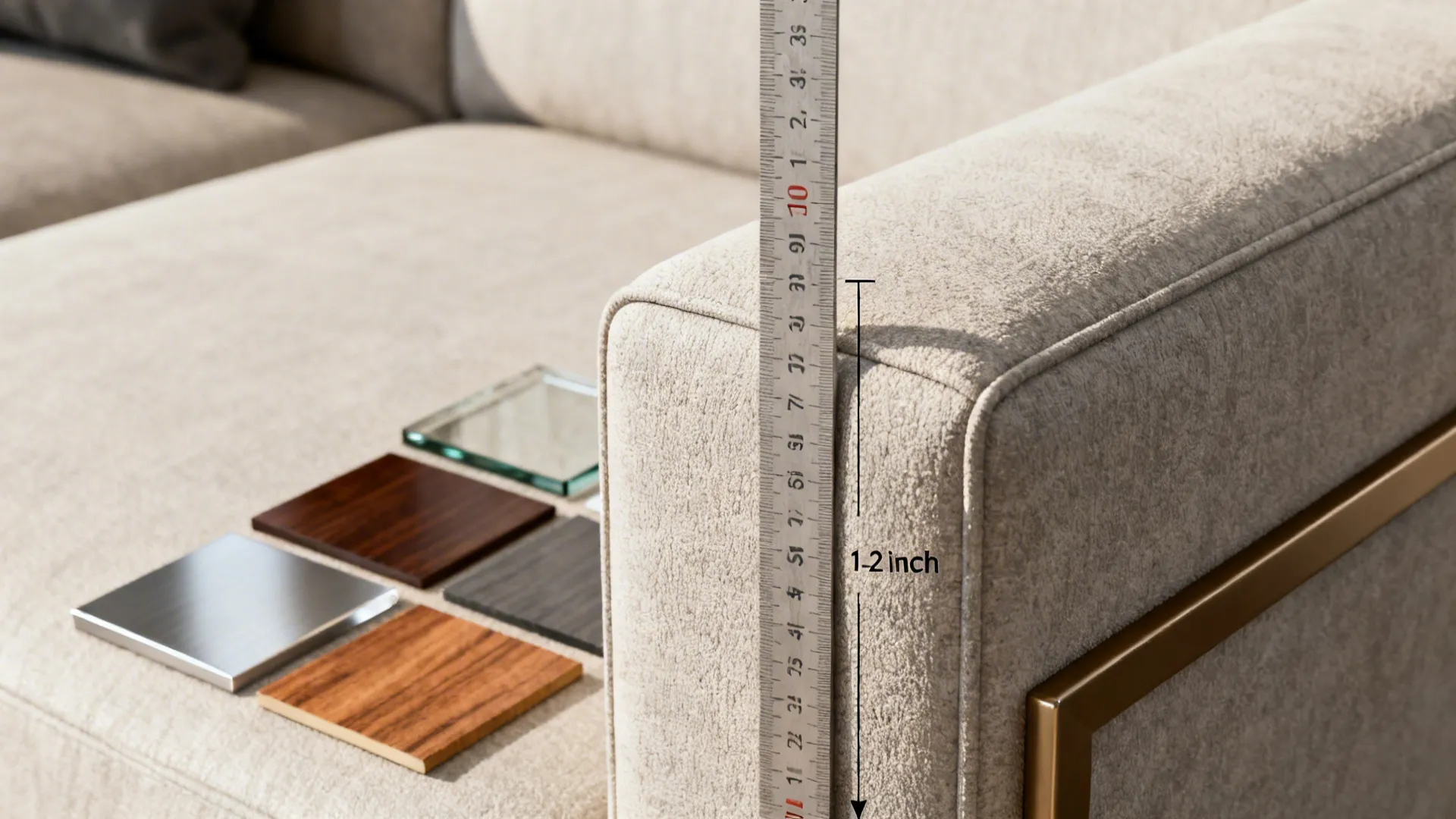 Measuring a beige sofa armrest with a metal ruler next to various interior design material samples
