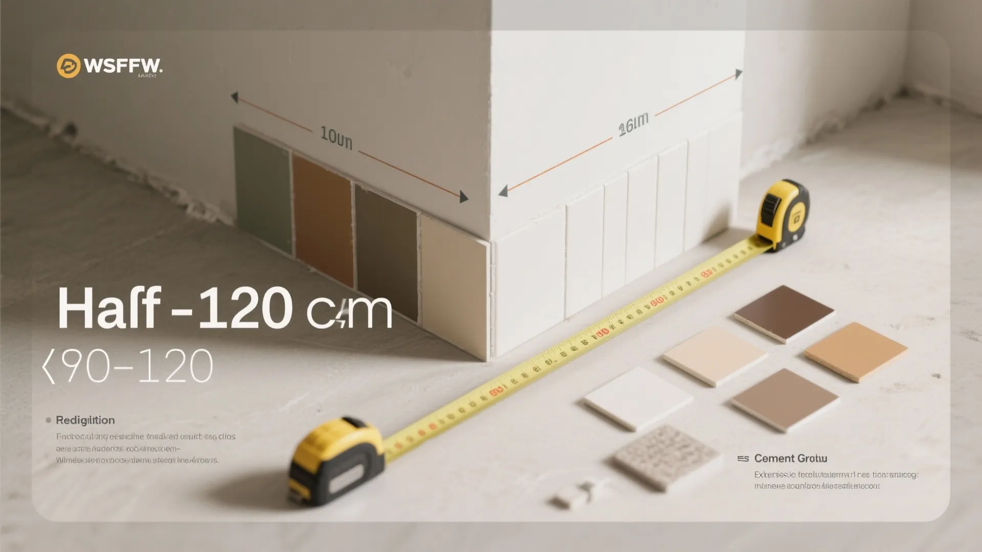 Wall corner tiles with measurement lines and a yellow tape measure showing the wall height dimensions