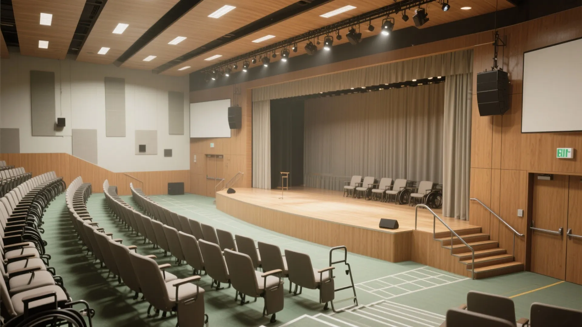 Large auditorium with wooden stage curtains gray chairs green floor stairs and bright white ceiling lights