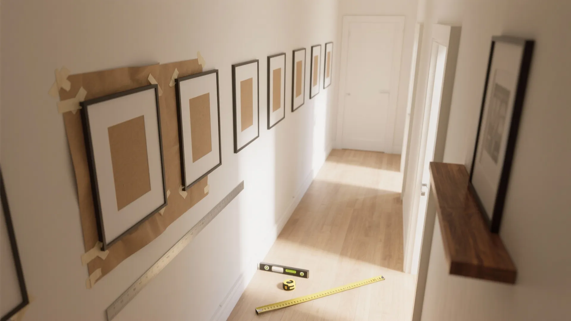 Hallway wall with black picture frames being arranged using measuring tape level and paper templates