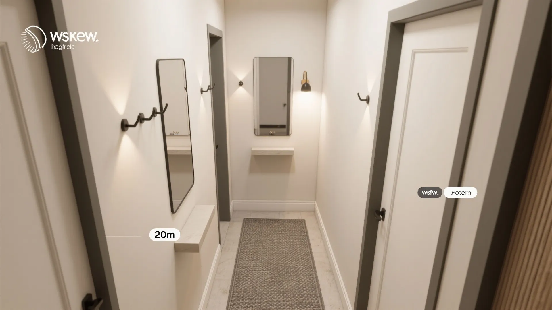 Long narrow hallway with white walls, mirrors, small floating shelves, grey rug, and black hooks
