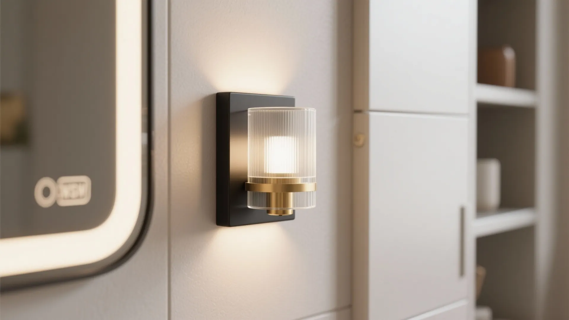 Modern wall light with gold base and glass shade mounted on a white wall next cabinet