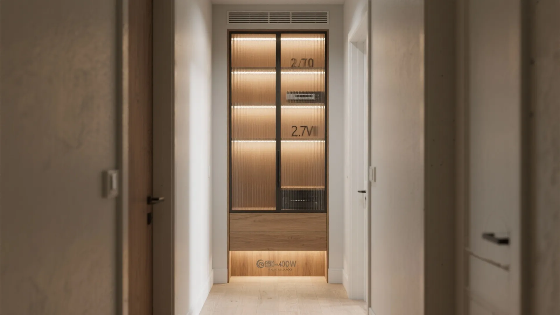 Modern hallway with built in wooden cabinet glass doors interior lighting and light wood flooring