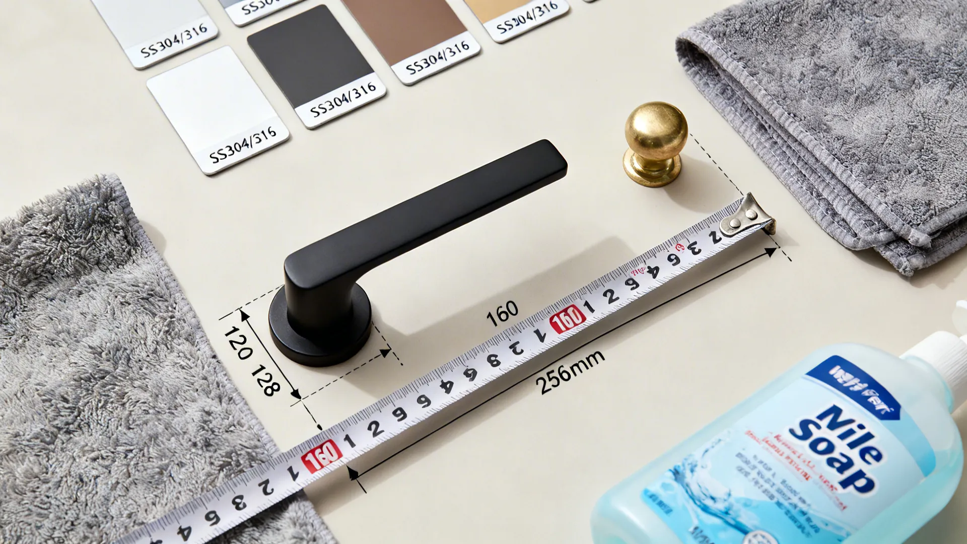 Flat lay with handle types, spacing tape, and cleaning cloth to address common handle questions.