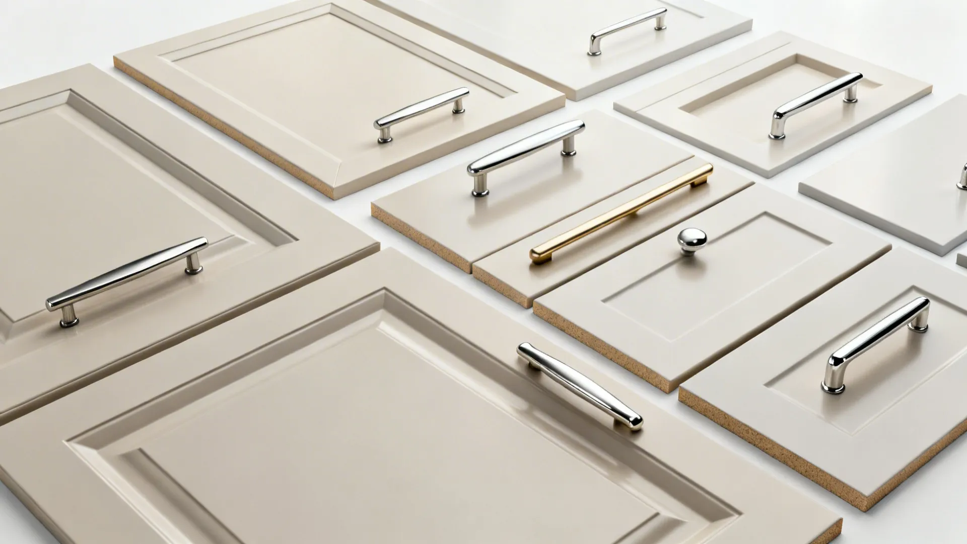 Top-down visuals showing pull lengths, edge pull fit, and satin versus polished reflections on cabinets.