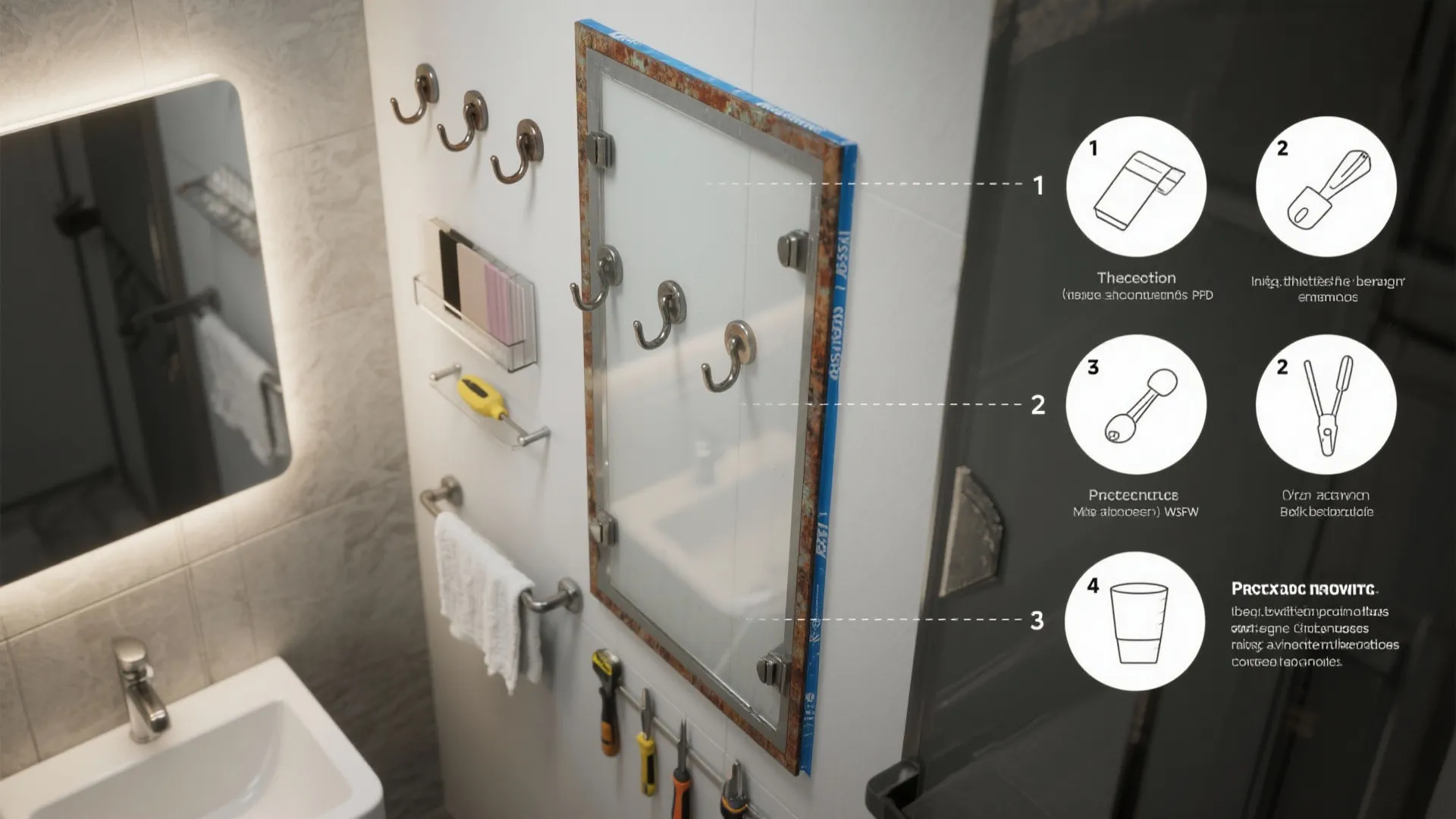 Top-down view of rust-resistant hooks, acrylic glazing samples, waterproof tape and tools laid out for hanging art in bathrooms.