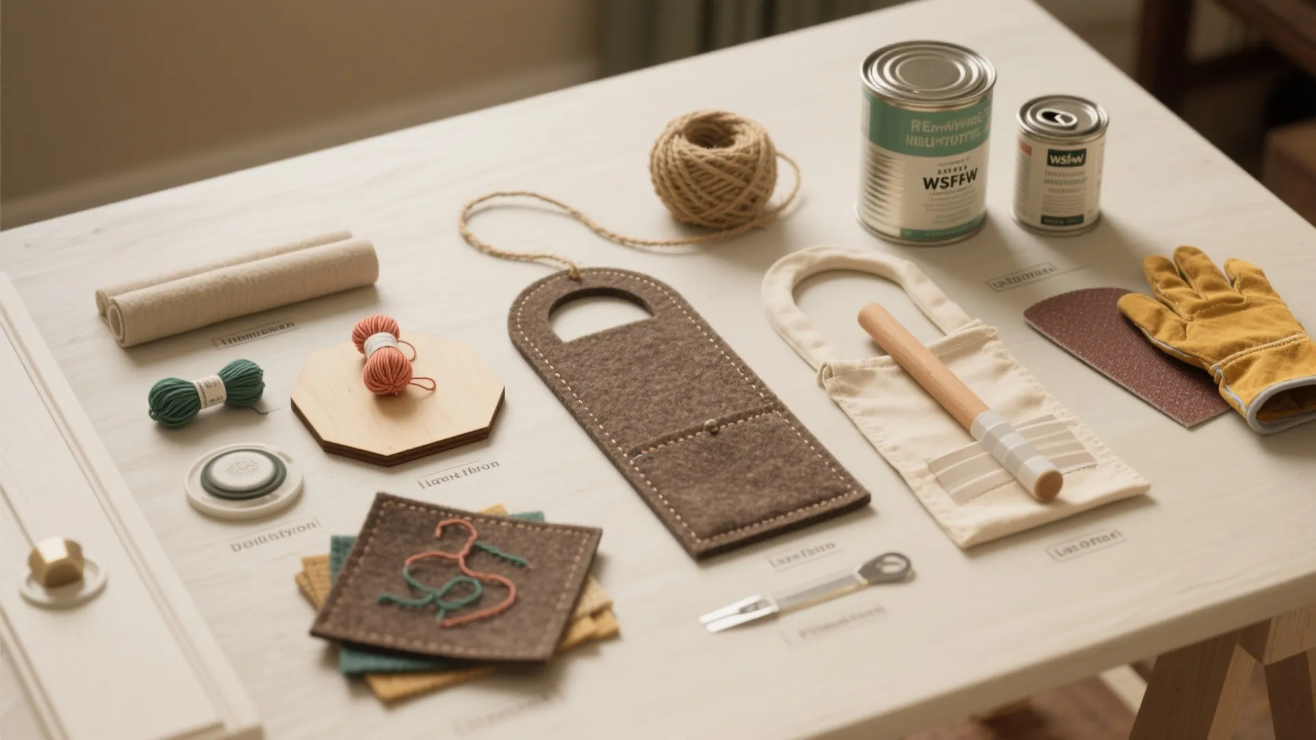 Various craft materials and tools including felt fabric and thread organized on a white table