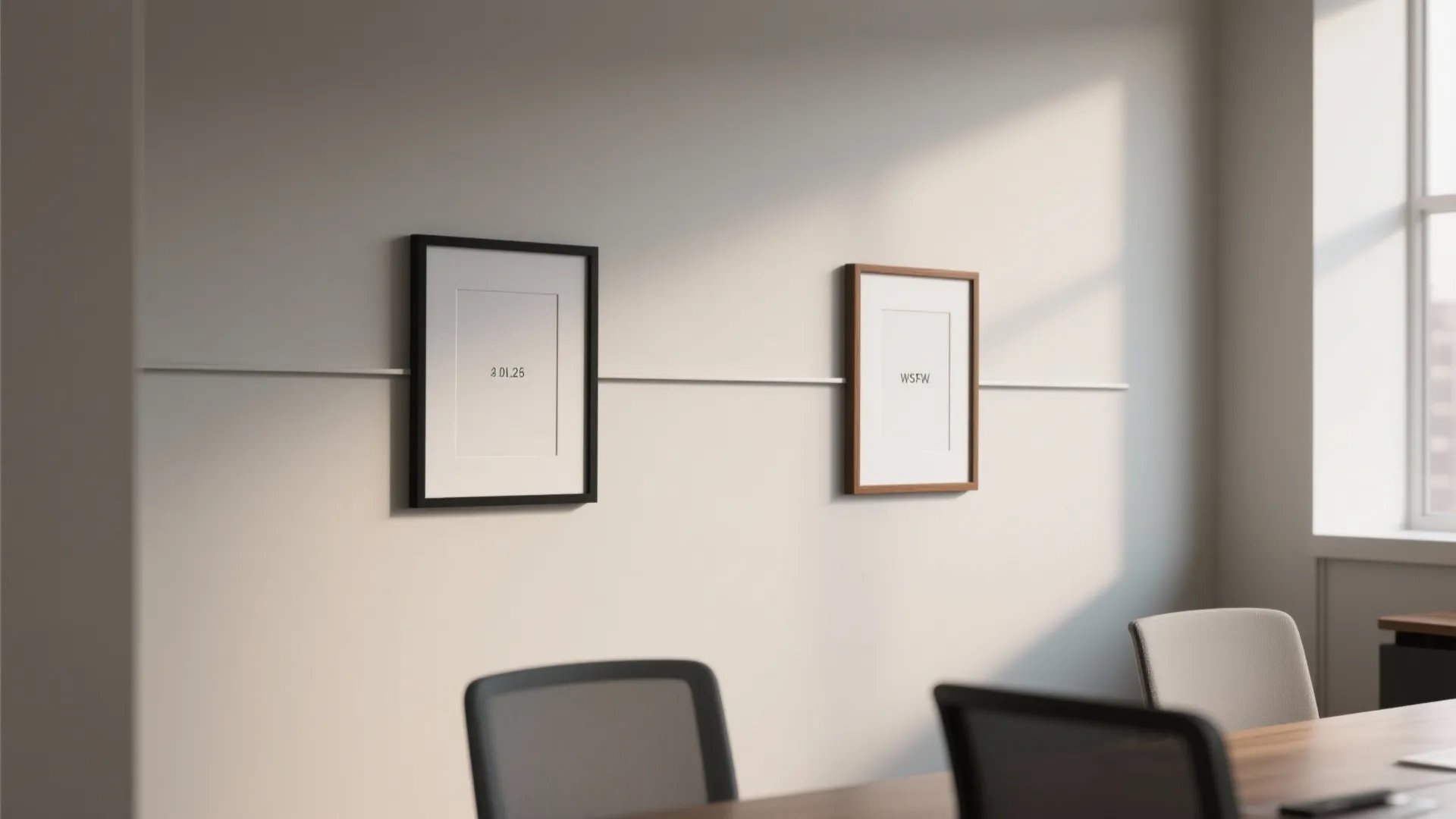 Two picture frames hanging on a white wall in an office with a wooden table