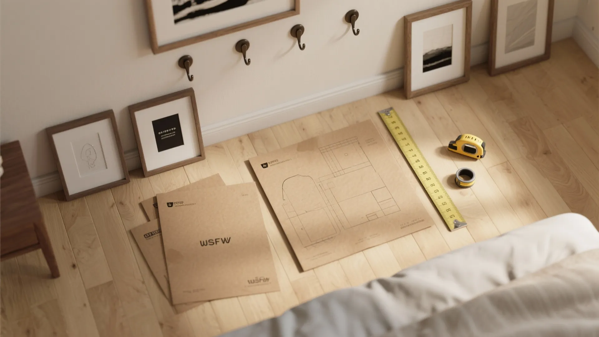 Interior design drawing on paper with measuring tape and ruler on light wood floor layout