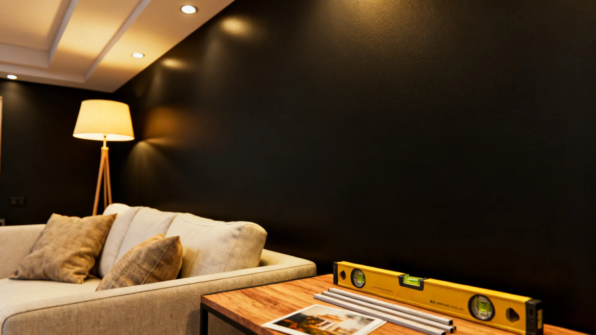 Corner of living room with tools for hanging art and layered lighting on a matte black wall