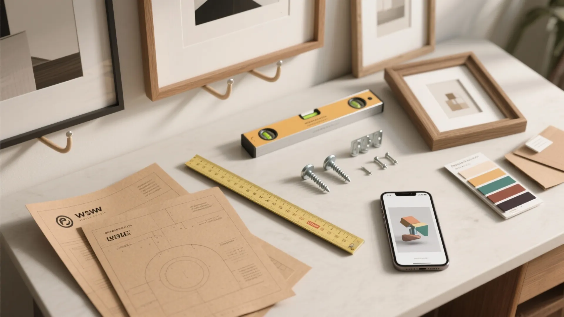 Table with level tool ruler screws phone and paper for interior design drawing and home decor