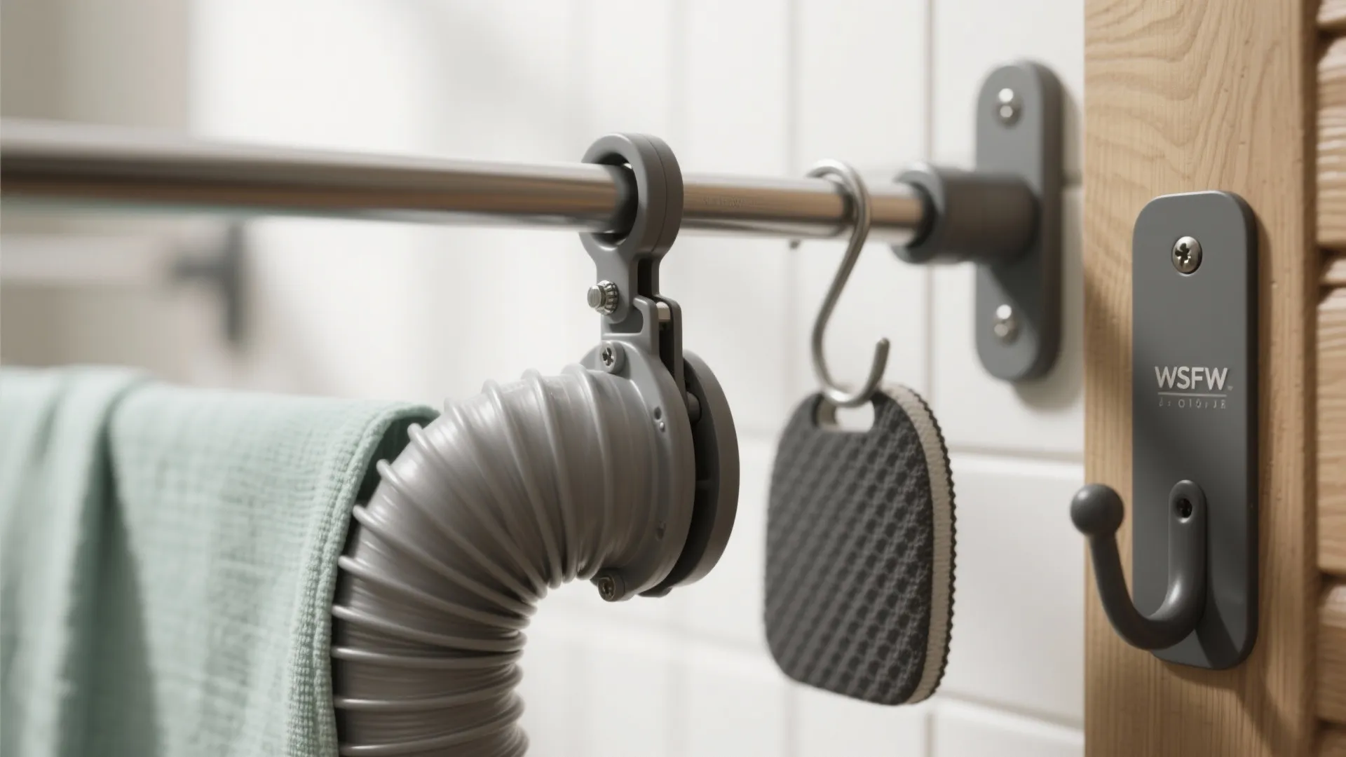 Close up of metal hanging rod with plastic clips holding a flexible tube and wall hook