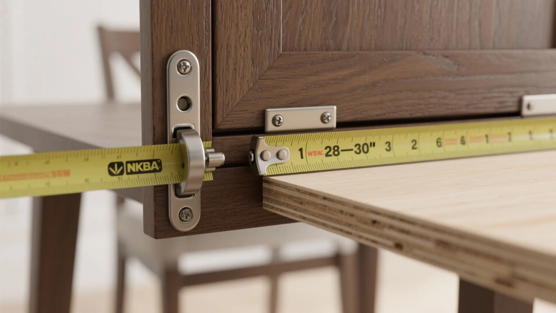 Close-up of drop-leaf hinge, solid joinery and a tape measure indicating standard dining height.