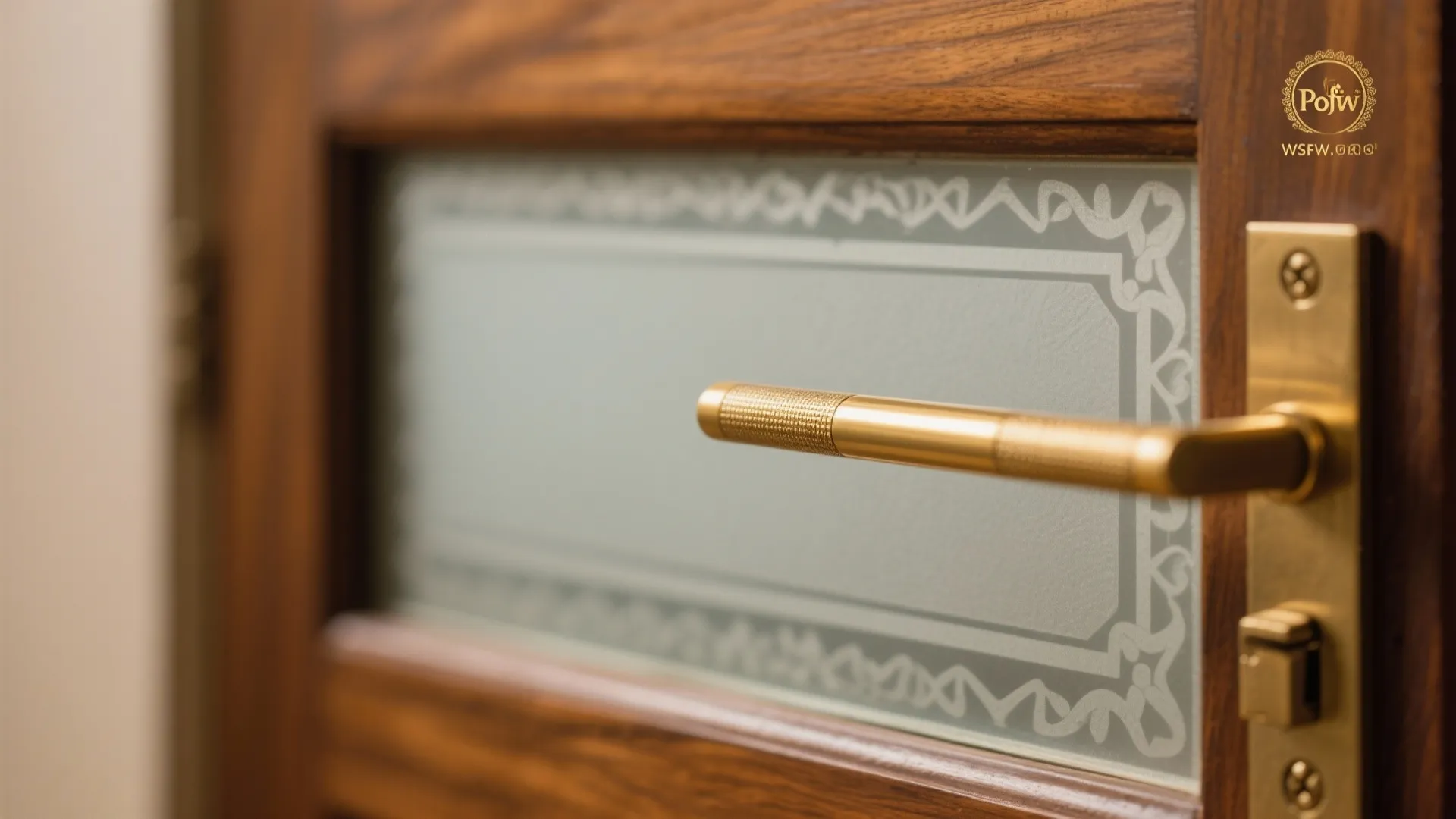 Close up of wooden door with gold handle and frosted glass panel with decorative pattern