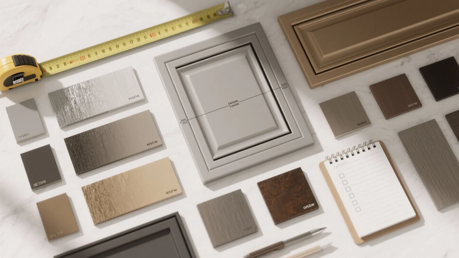 Cabinet door samples and material swatches organized on table with tape measure and note pad