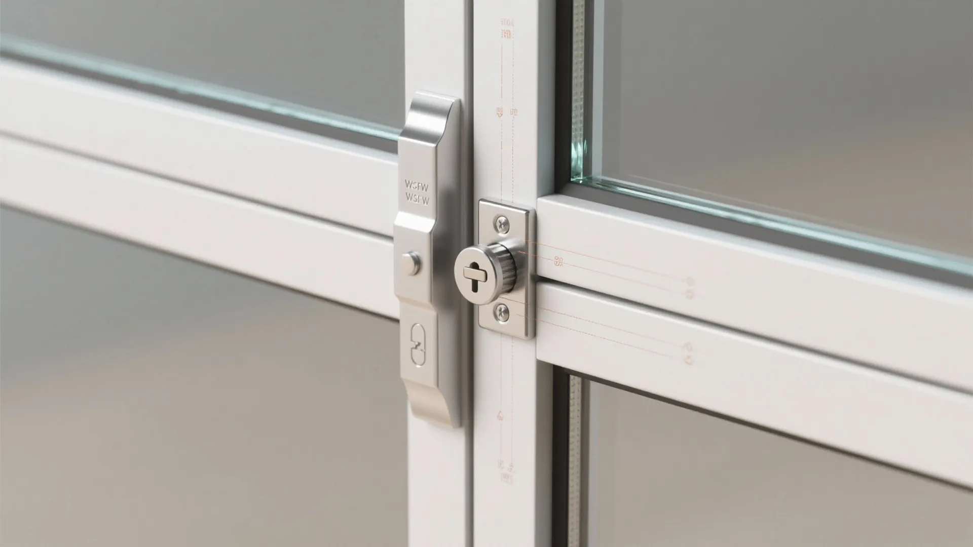 Close-up of tempered glass edge, locking mechanism and hinge hardware for a garage-style kitchen window.
