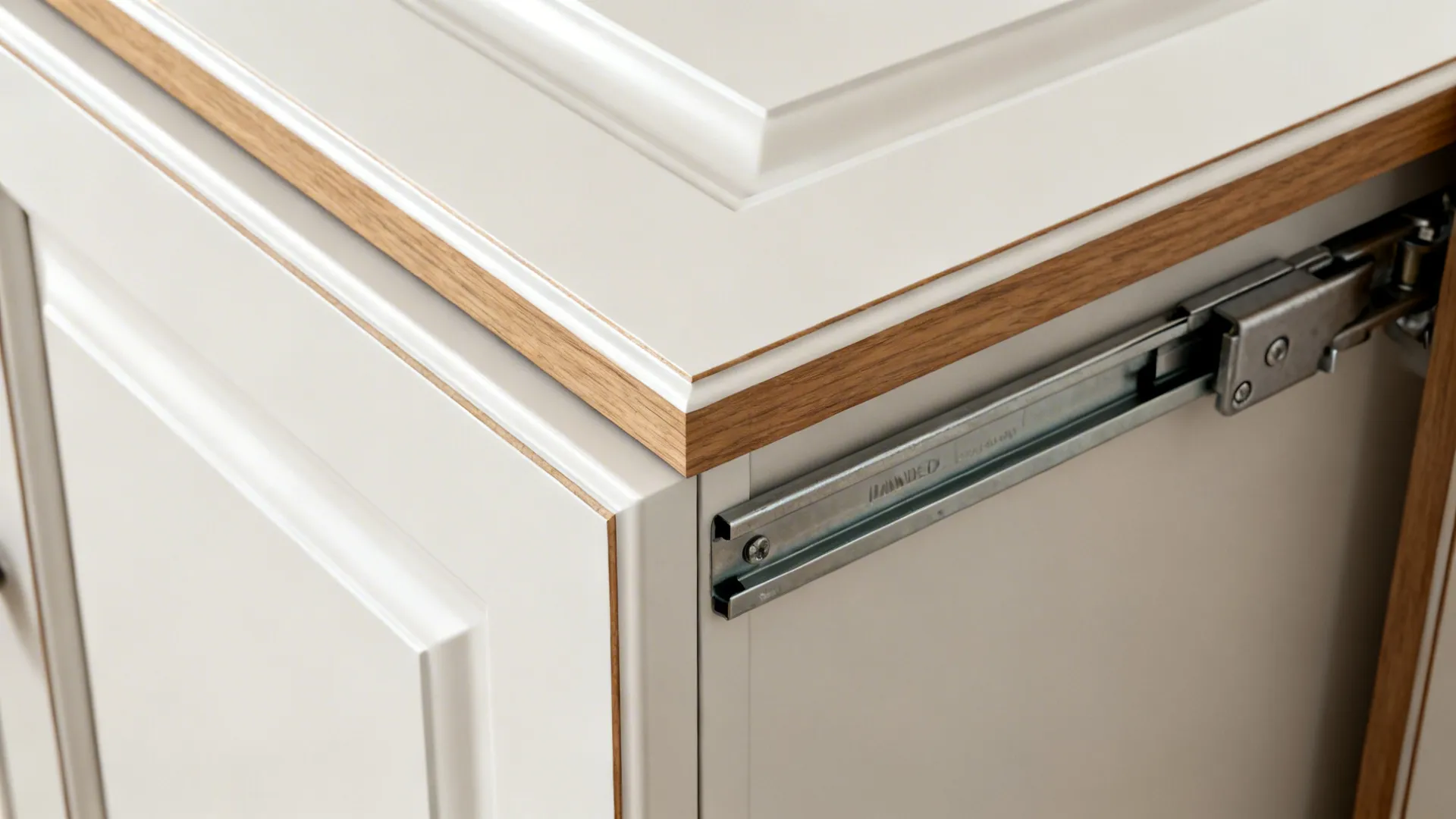 Close up of white cabinet door with wood trim showing metal drawer slide rail hardware details