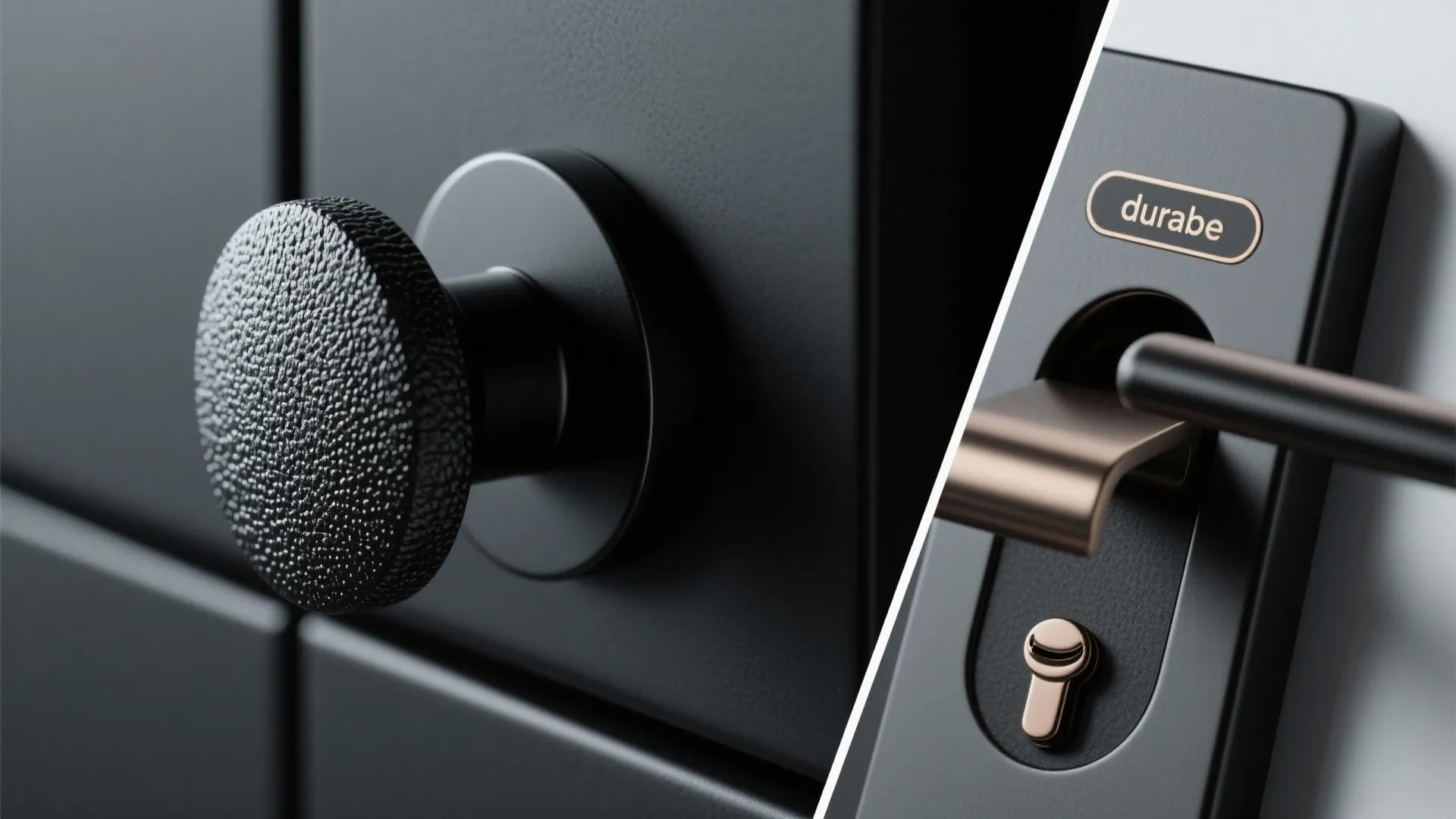 Close up view of black textured round door knob and modern black handle with keyhole