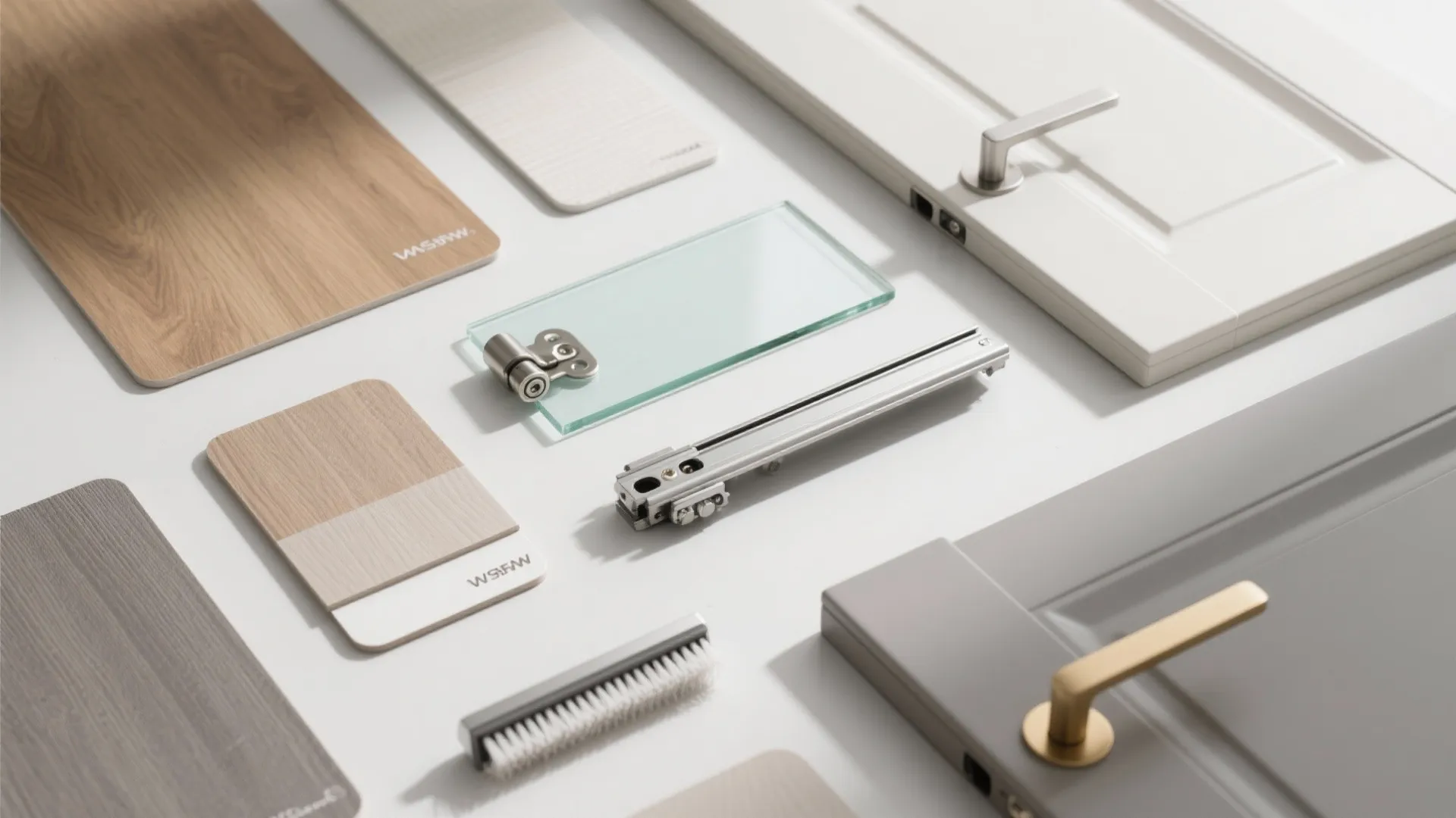 Collection of cabinet hardware wood samples door handles and a small brush on white surface