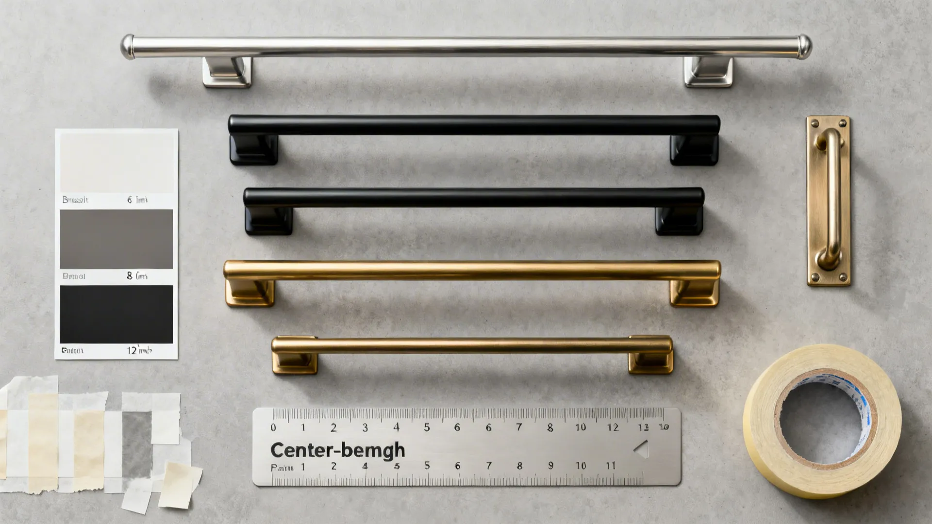 Flat lay of assorted pull lengths and finishes with measuring guide for cabinet hardware.