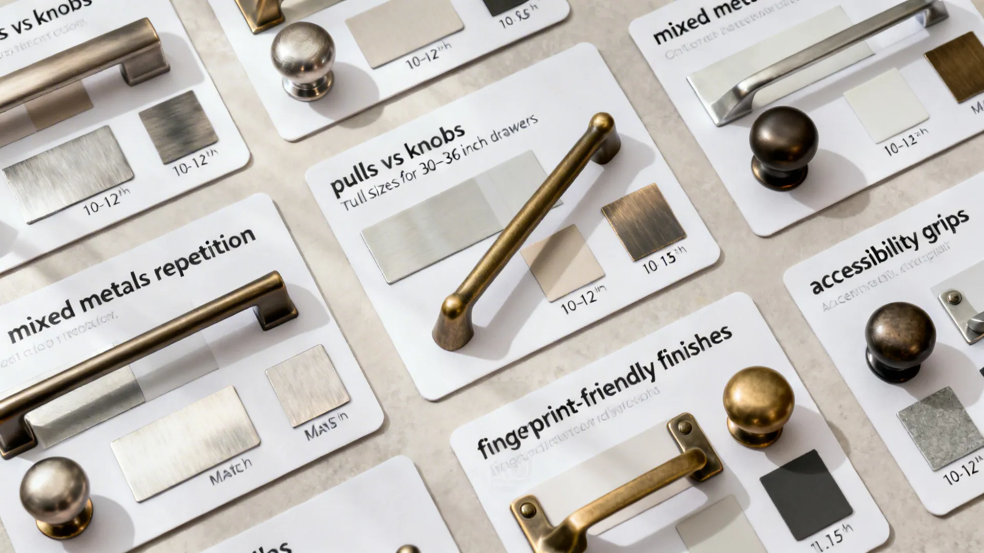 Top-down grid of hardware samples and size guides answering common questions.
