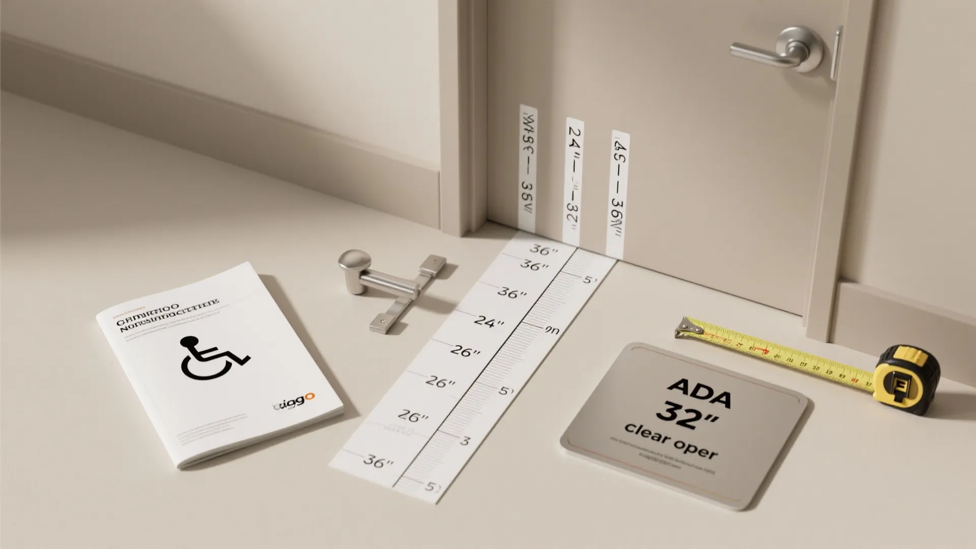 Collection of door hardware tools and ADA measurement guides placed on a light colored floor