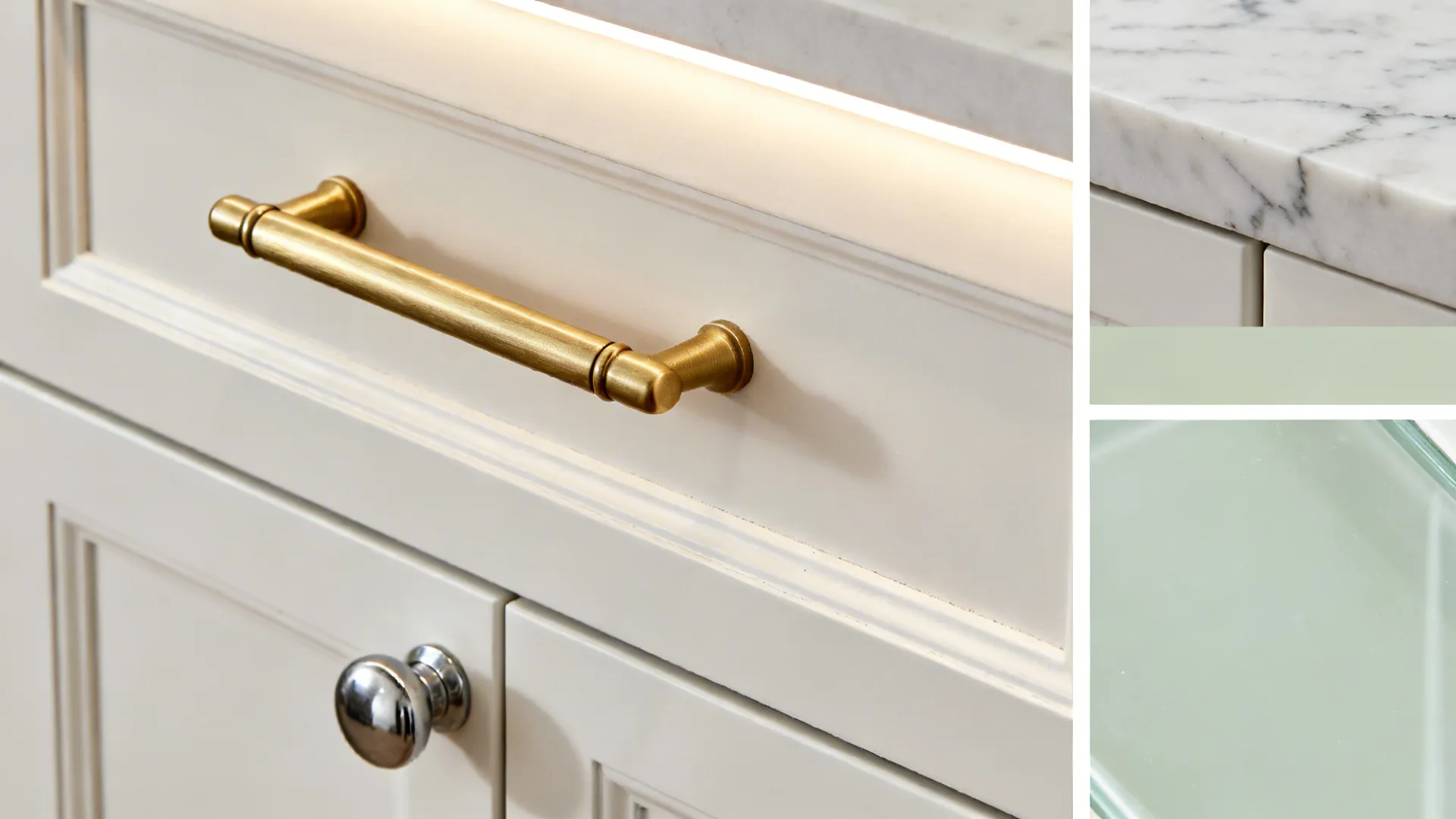 Detailed view of gold cabinet handle silver knob marble countertop and light fixture under the shelf