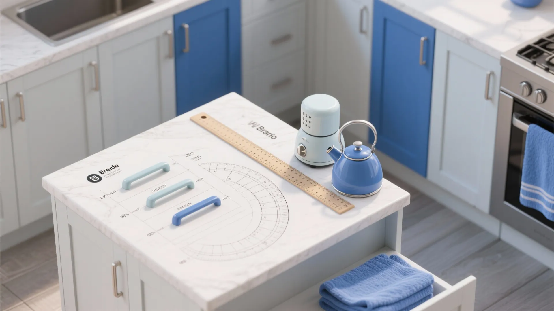 Top-down planning scene with handle size templates, rulers, and blue handle samples for selecting hardware.