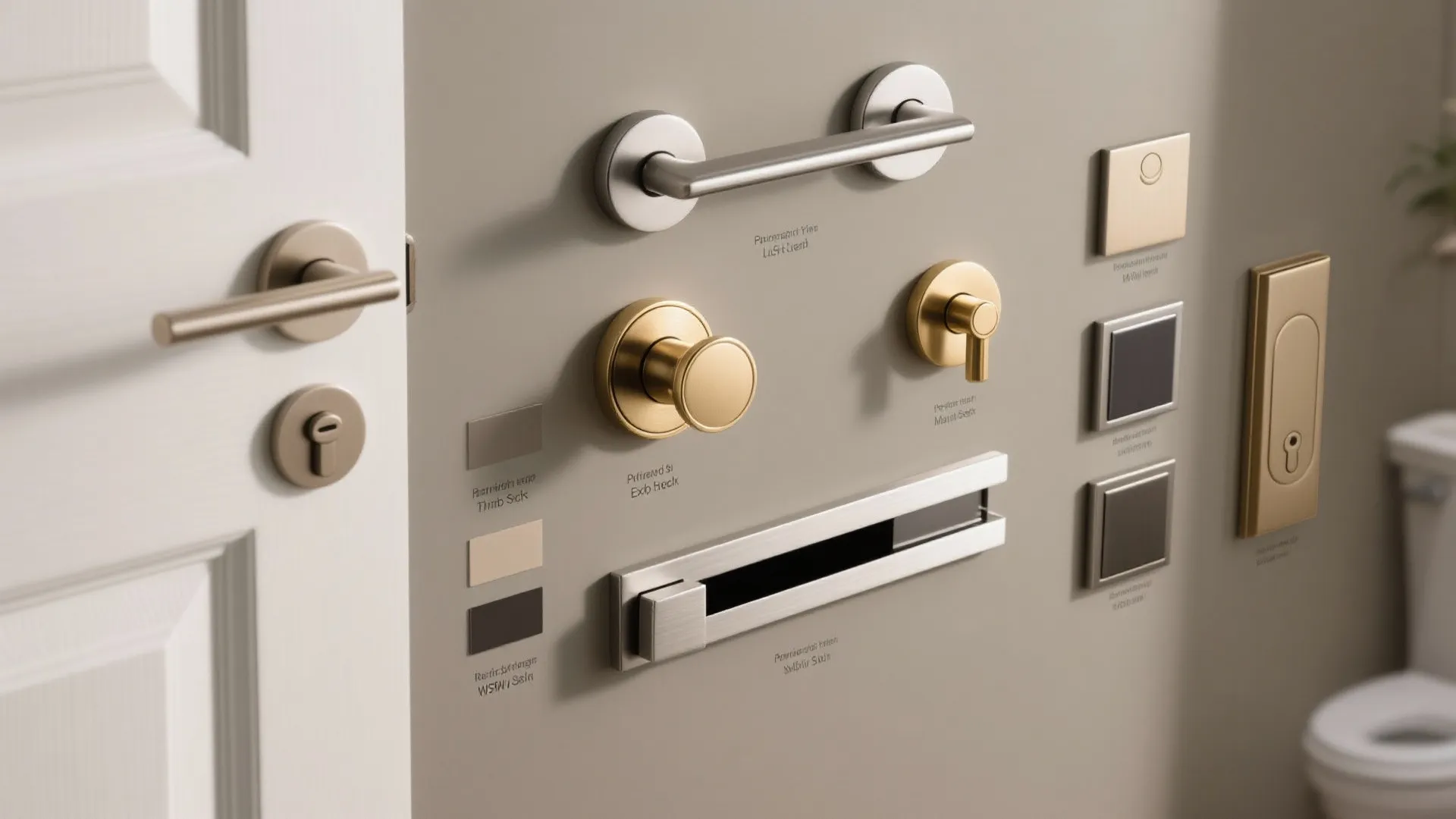 Collection of gold and silver door handles towel racks and light switches on a wall