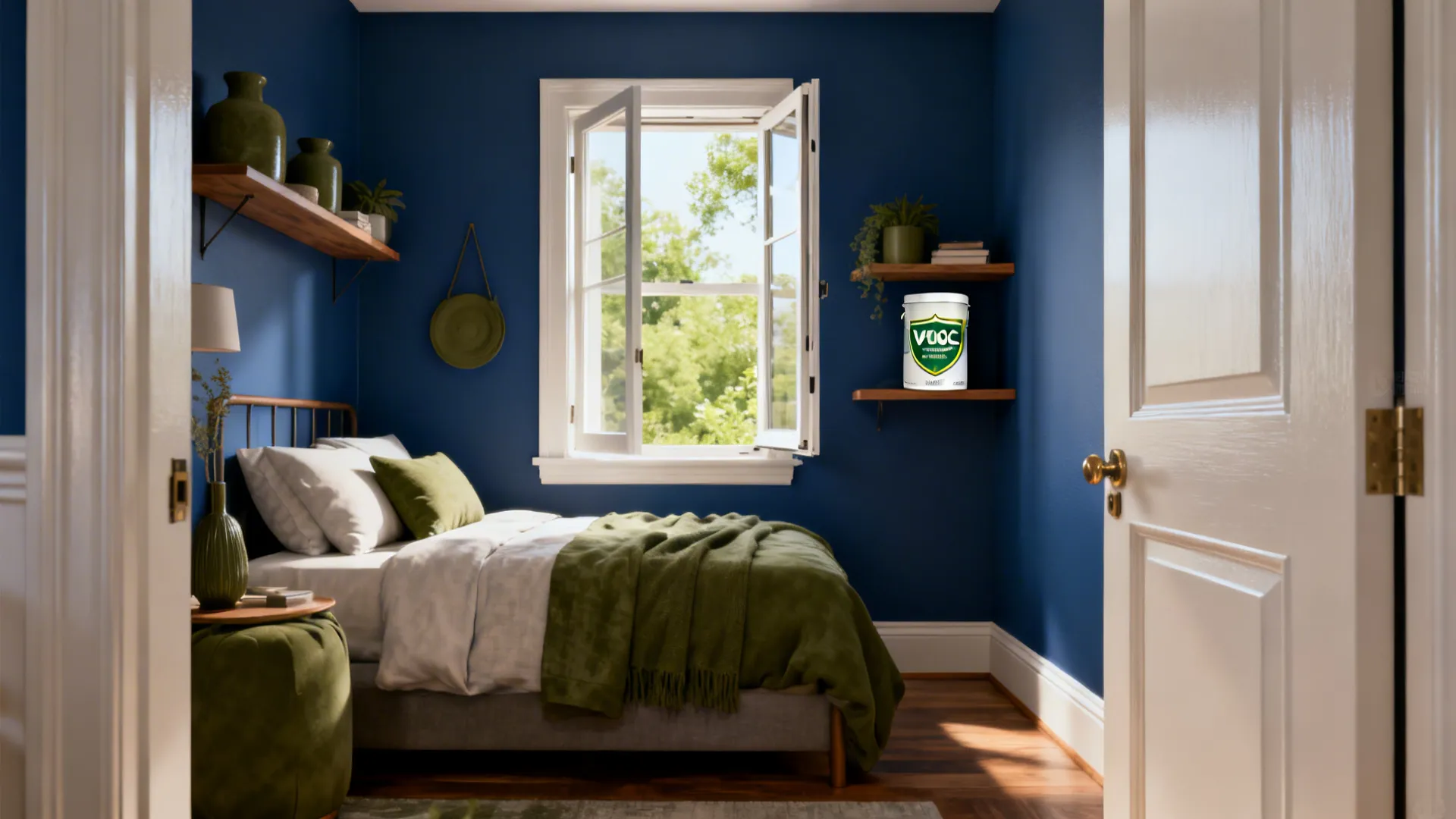 Bedroom highlighting color and finish recommendations with an open window for ventilation.