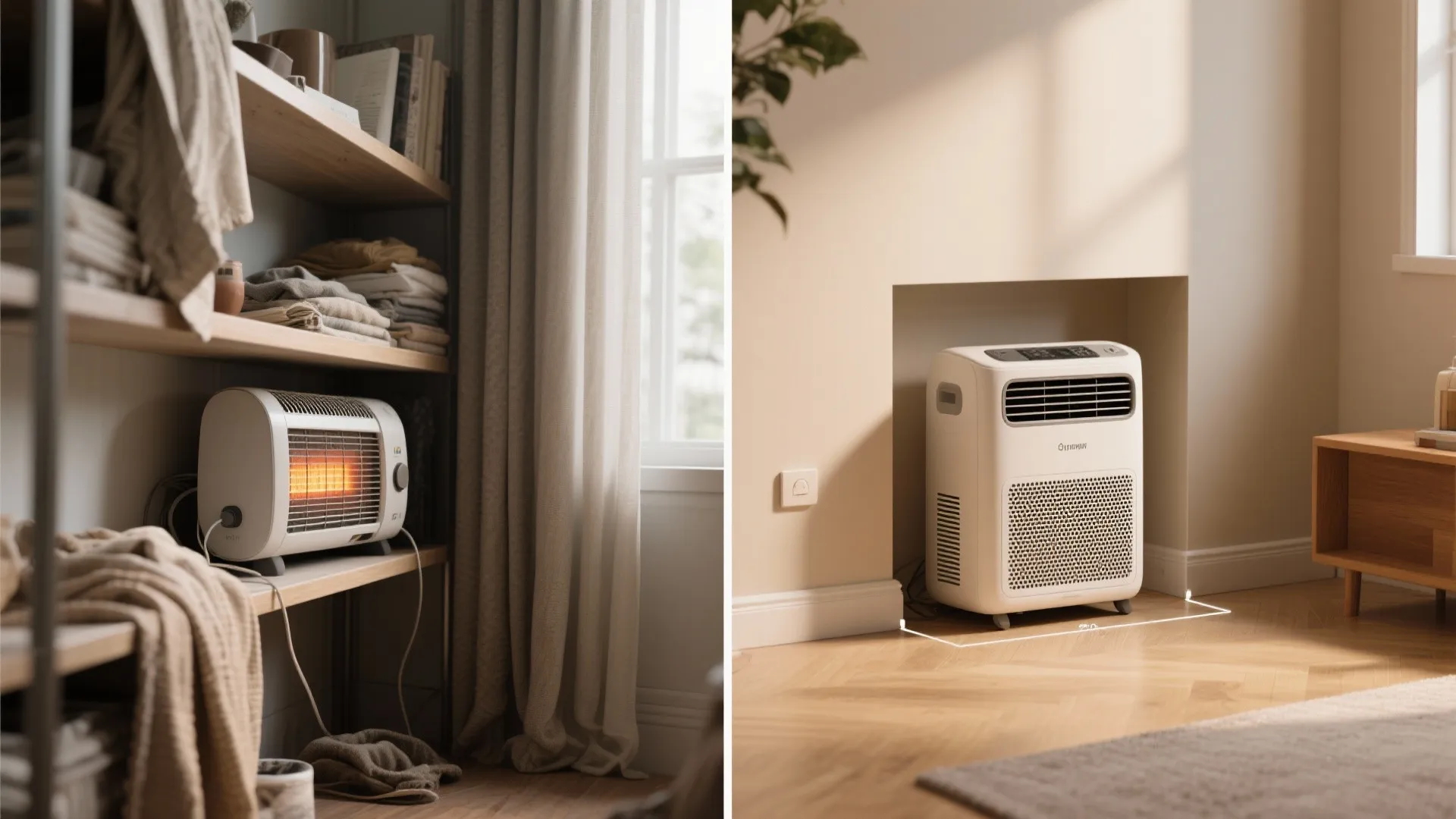 Side by side comparison showing unsafe heater near clothes and safe heater on open floor
