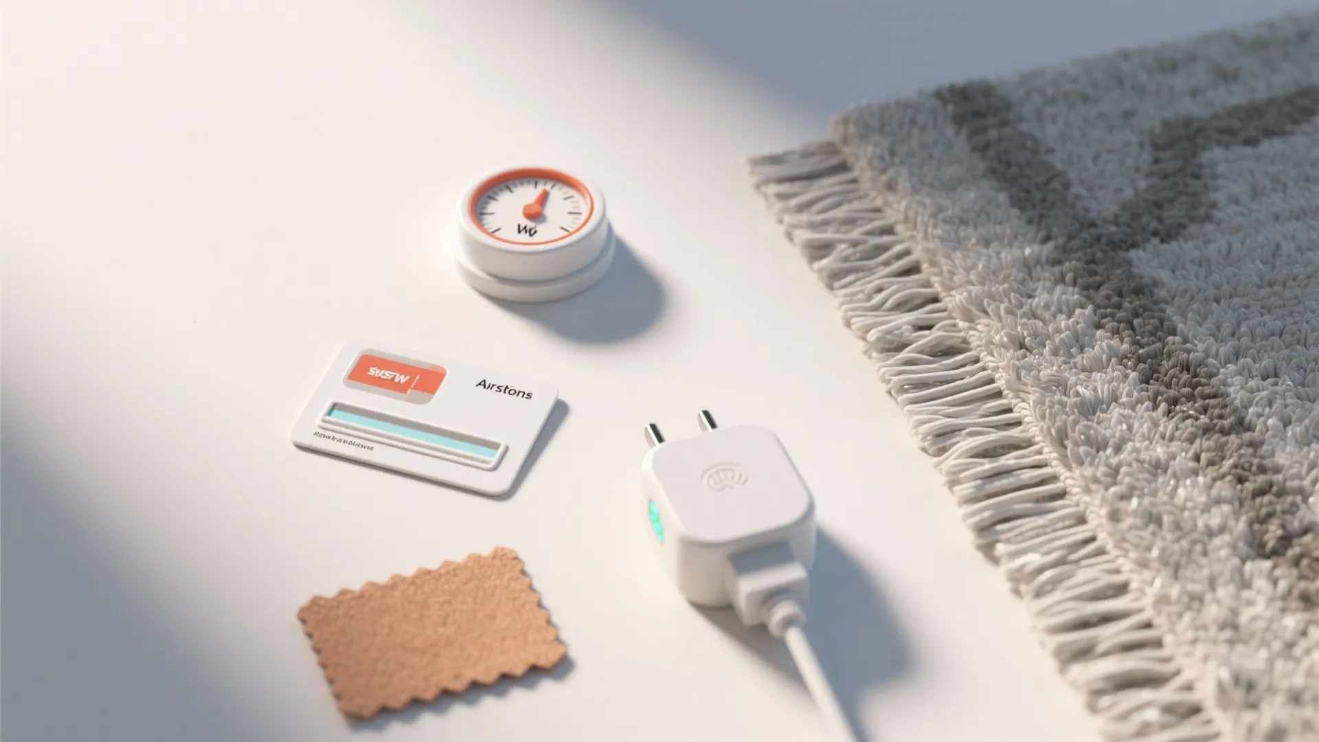 Flat lay of air sealing strip, infrared panel card, wattage dial object, smart plug, and wool swatch.