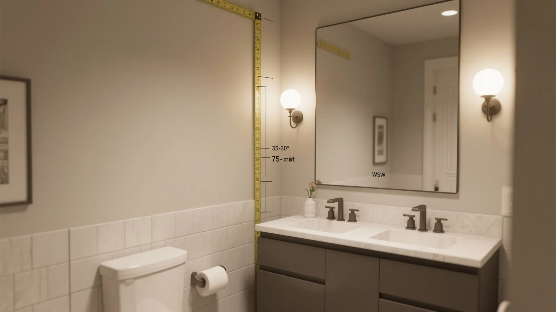 Bathroom vignette showing recommended three-light vanity height with measuring tape beside the mirror.